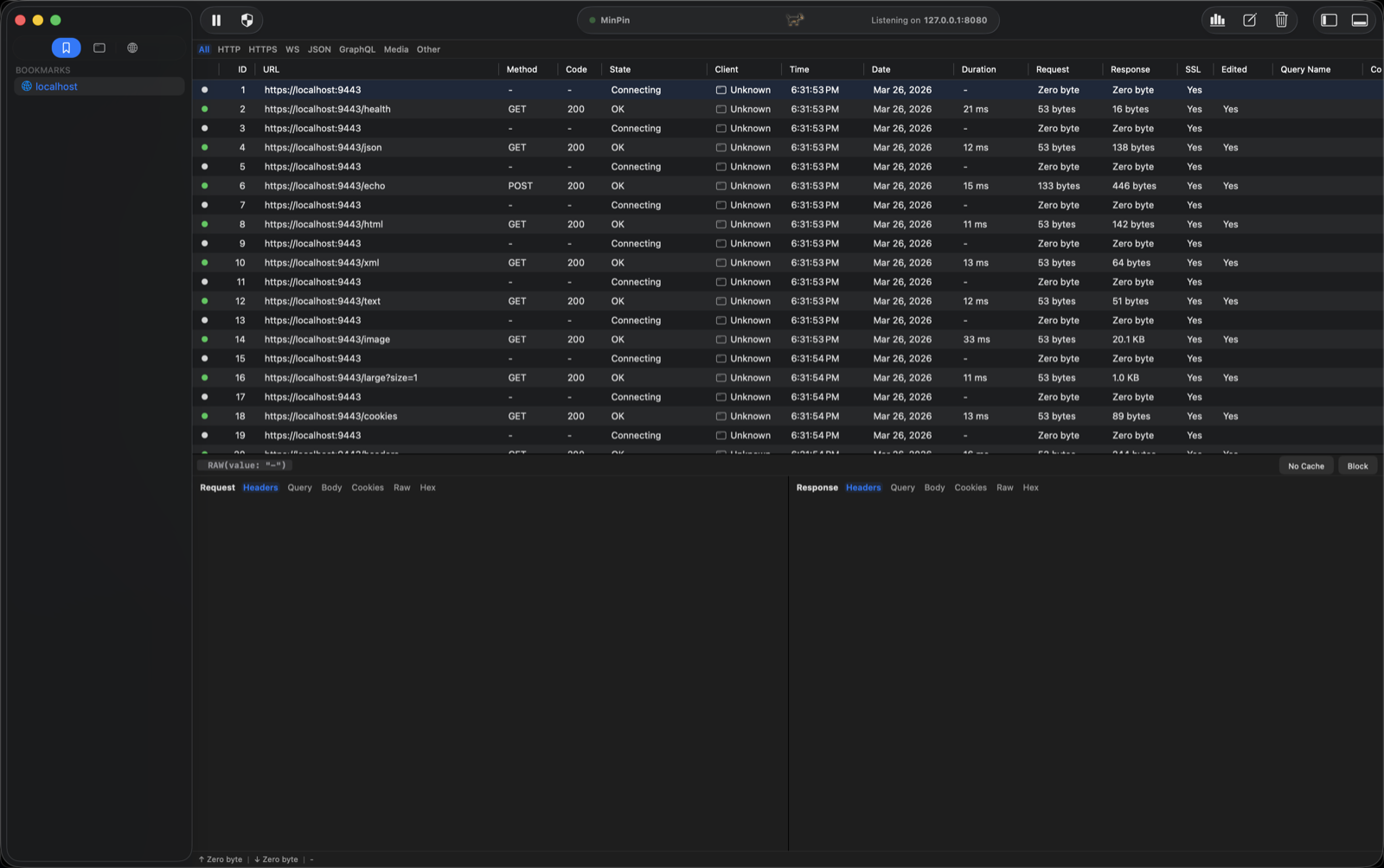MinPin main window showing captured requests and the split Request/Response detail